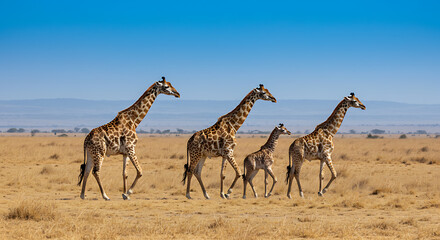 Obraz premium Giraffe Family Herd Walking Savanna Africa Wildlife Nature Animal