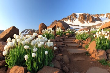 Mountain path blanketed in white tulips.  Rocky terrain leads to snowy peaks