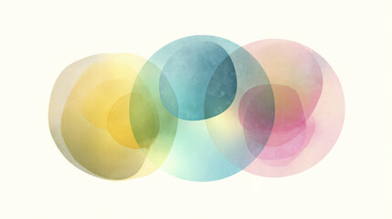 Three pastel circles overlapping in white space with soft translucent colors creating calm and soothing abstract composition