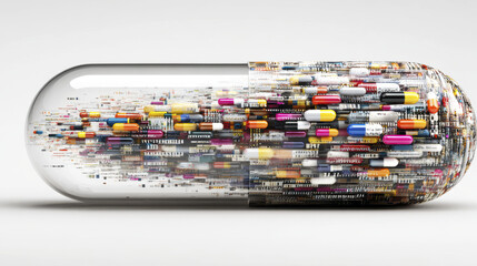 Colorful capsule filled with numerous small pills and digital code elements, symbolizing advanced pharmaceutical technology and genetic medicine innovation in clean white background