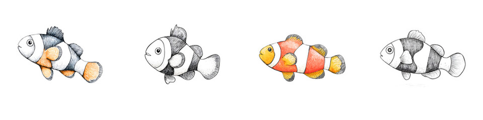 Fototapeta premium Watercolor Clownfish Illustration Set: Cute Tropical Fish