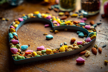 Heart-shaped cookie cutter filled with colorful candies on a rustic wooden surface