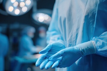 Caucasian male surgeon in scrubs with gloves in hospital operating room