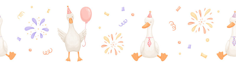 Seamless watercolor border with cute goose and splashes of festive fireworks. Funny animals for birthday. Hand drawn illustrations set