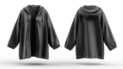 Stylish black hoodie jacket with adjustable hood and spacious design