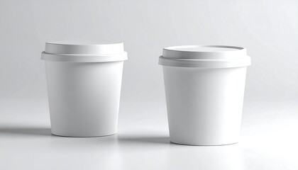 Two White Paper Cups with Lids on Plain Background