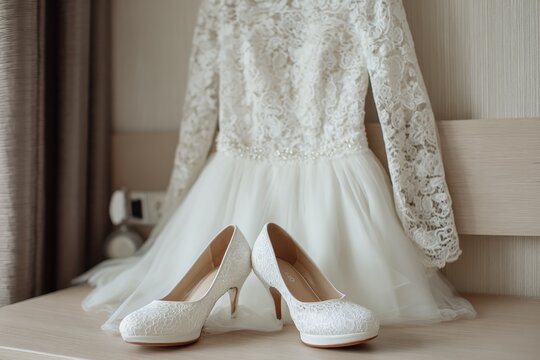 Stunning white bridal gown and shoes indoors Elegance of wedding attire for the occasion Women s lace outfit for the celebration - Powered by Adobe