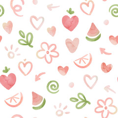 Cute naive seamless pattern, watercolor print with doodles symbols summer, good mood and hearts. Delicate hand drawn isolated illustration for your textile, wallpapers or background.