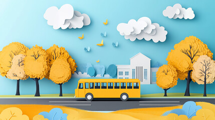 Yellow school bus in front of a school with paper cut style