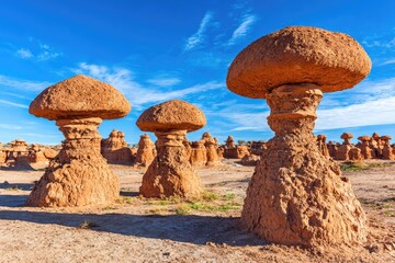 Three reddish-brown mushroom-shaped rock formations rise from the arid landscape under a vibrant blue sky