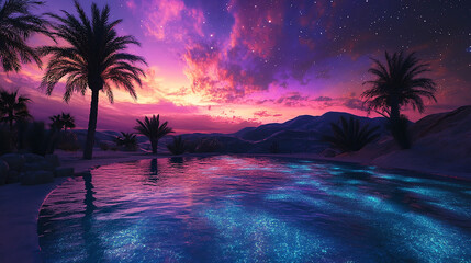 A peaceful desert oasis under a cosmic sky glowing star