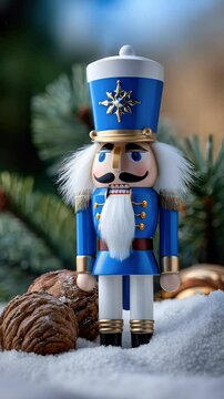 Blue nutcracker figurine on snow