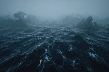Stormy seas crash against jagged peaks