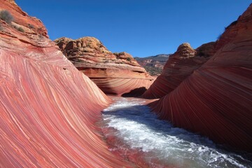 Colorful, rippled sandstone canyon with flowing water