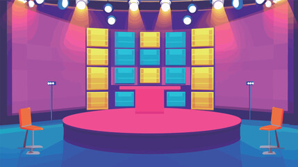 Vector graphic design of a quiz game show stage featuring bright lights, podiums, digital screens, and dynamic elements, representing competitive entertainment, knowledge contests, TV broadcasting,