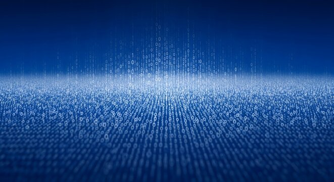Digital data stream creates an abstract technological background with binary code on a deep blue backdrop.