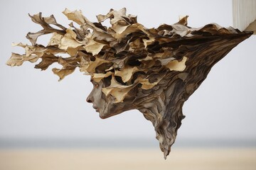 Abstract sculpted head, profile view.  Organic, layered forms create a flowing, leaf-like headpiece over a face
