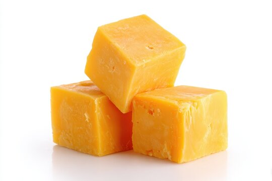 Cheddar cheese cubes on white background