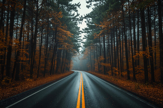 Wet Autumn Forest Road with Yellow Center Line - Powered by Adobe