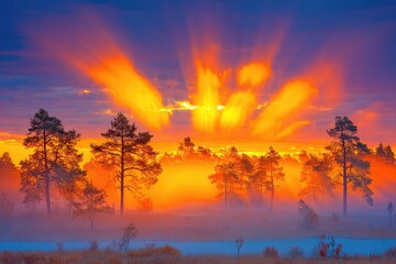 Sunrise paints a vibrant mist over a boreal forest