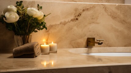 Beige marble with subtle gold accents, smooth texture, warm lighting