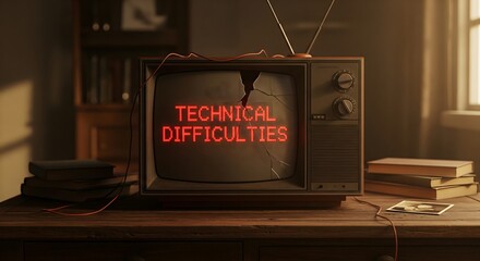Vintage television displaying the message Technical Difficulties with a broken screen sitting on a wooden table indoors
