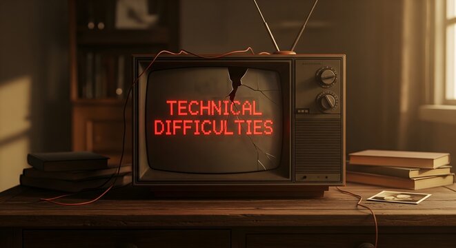 Vintage television displaying the message Technical Difficulties with a broken screen sitting on a wooden table indoors