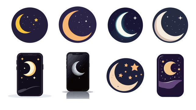 Dark mode mobile app interface icon with a crescent moon symbol, minimalist vector design representing night mode or low-light settings, perfect for UI/UX themes, user interface toggles, mobile app 