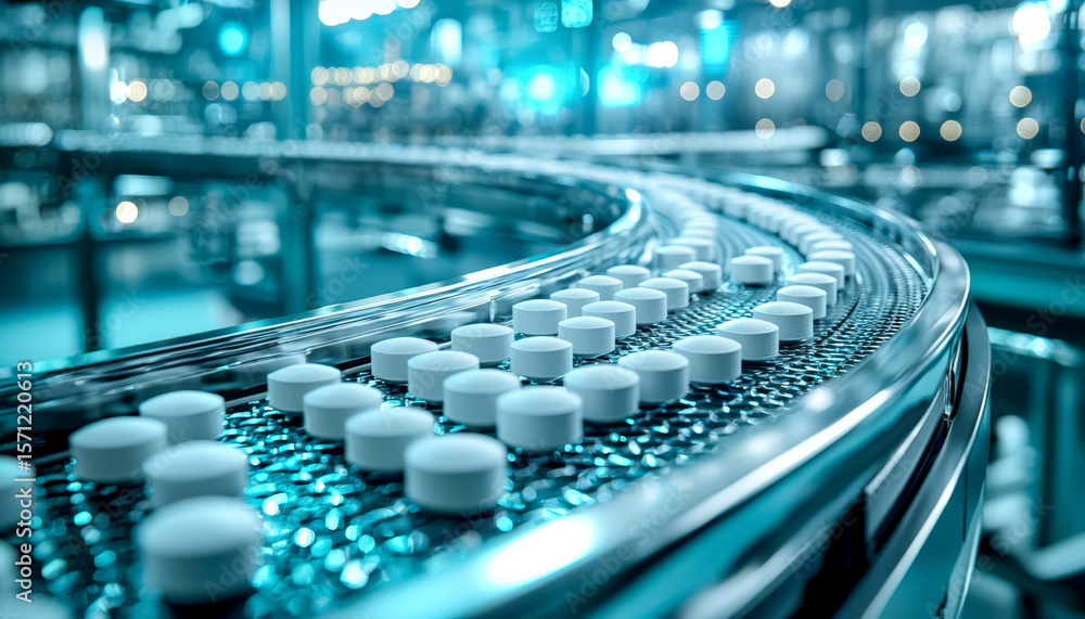 Poster advanced pharmaceutical production line with automated pill sorting system