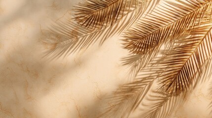 Golden palm leaves cast shadows on a beige surface