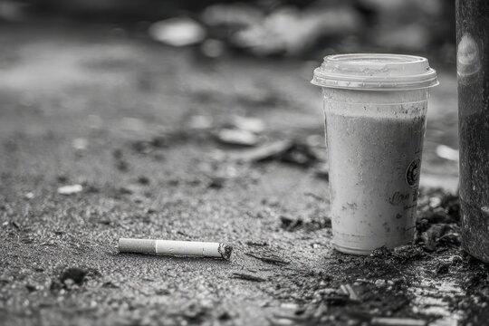 Cigarette beside a plastic cup on the ground