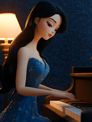 Animated Woman with Long Black Hair Playing a Piano