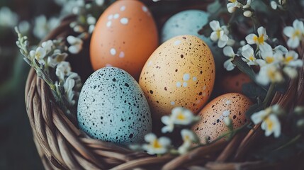 Obraz premium Colorful speckled eggs nestled in a decorative basket with small white flowers.