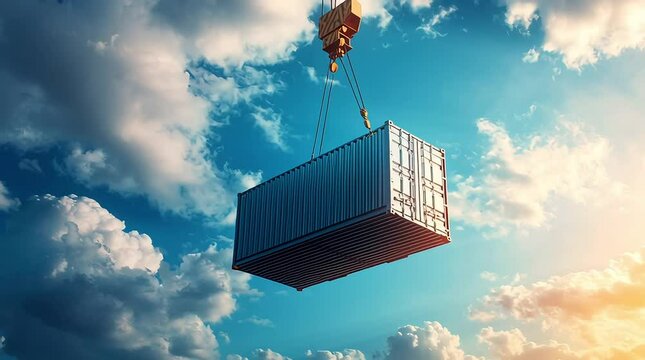 A large blue shipping container is suspended mid-air by a crane with a worker on the ground appearing to wave or direct, highlighting global logistics and industrial operations.
