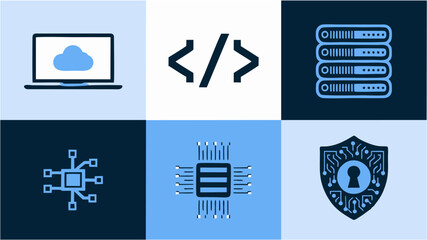 Fototapeta premium Vector Set of Computer Icons – Essential Symbols for Desktop, Laptop, Software, Hardware, Internet, Networking, and Tech Design Elements
