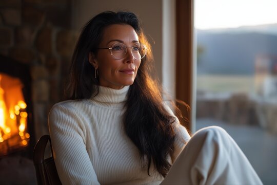 Young caucasian woman in white sweater relaxing by fireplace during sunset - Powered by Adobe