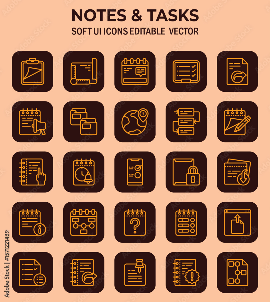 Poster assorted soft user interface icons depicting notes and tasks in an organized layout providing minima
