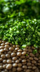 Obraz premium Close up of chopped herbs on a bed of lentils.