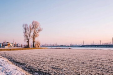 Frosty winter landscape.  Bare trees stand in a frosted field, with a river and distant city skyline in the background.  Pale sunrise colors paint the sky