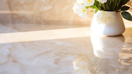 Beige marble with white swirls, polished surface, natural daylight