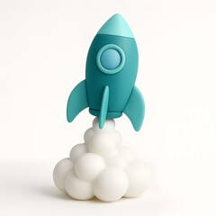 Whimsical Teal Rocket Ship Launching into the Sky with Puffy White Clouds of Smoke on a Plain Background