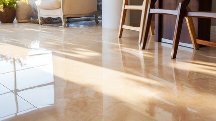 Beige marble with white swirls, polished surface, natural daylight