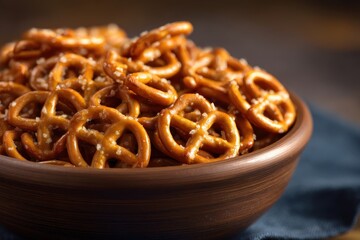 Close up of a bowl filled with tiny circular pretzels