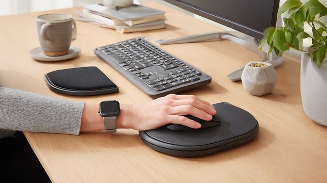 Woman uses ergonomic mouse wrist rest to prevent carpal tunnel syndrome and reduce strain during work on a wood desktop