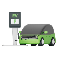 Electric vehicle charging at EV station with green power, clean energy, and eco transport. Modern mobility icon showing smart future, zero emission, transparent background, 3d illustration.