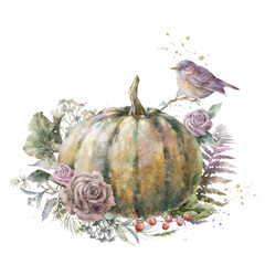 Colorful watercolor pumpkin with roses, fern, herbs and bird. Helloween element. Thanksgiving greeting card template. Digital illustration.	