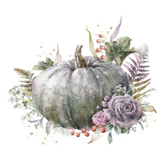 Colorful watercolor pumpkin with roses, fern and herbs. Helloween element. Thanksgiving greeting card template. Digital illustration.	