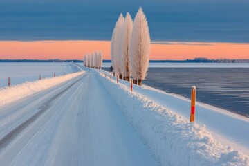 Winter road through frosted landscape at sunrise