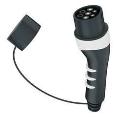 Electric vehicle charging plug and connector with black cable and protective cap representing clean energy, smart technology, mobility, and sustainability for EV stations. Transparent background.