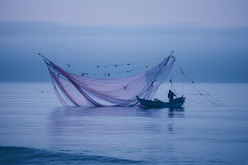a man fishing on a boat in a lake at sunset with mountains in the background and a purple sky